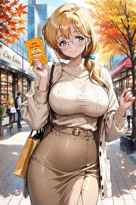 (masterpiece, best quality:1.4), beautiful shadows, Sensei Luna, runa,
yellow long hair in a low ponytail, blue eyes, Detailed Eyes,
round metal frame glasses, sagging, long and large breasts, smiling:1.0, light lipstick,
looking slightly to the side,
wear...