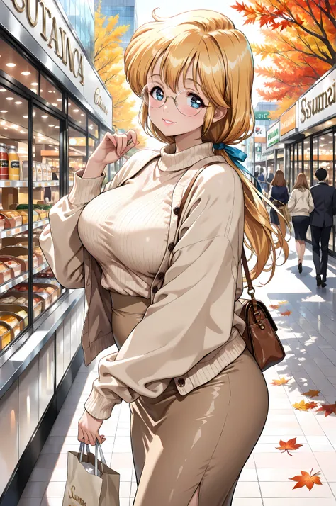 (masterpiece, best quality:1.4), beautiful shadows, Sensei Luna, runa,
yellow long hair in a low ponytail, blue eyes, Detailed Eyes,
round metal frame glasses, sagging, long and large breasts, smiling:1.0, light lipstick,
looking slightly to the side,
wear...