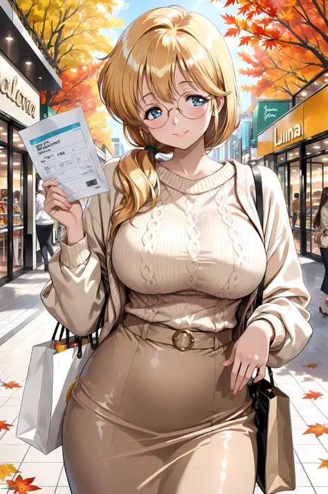 (masterpiece, best quality:1.4), beautiful shadows, Sensei Luna, runa,
yellow long hair in a low ponytail, blue eyes, Detailed Eyes,
round metal frame glasses, sagging, long and large breasts, smiling:1.0, light lipstick,
looking slightly to the side,
wear...