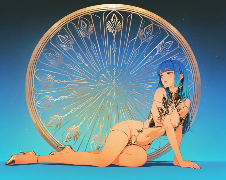 3d,masterpiece, best quality, high heels,chest exposed, mostly nude , Art Deco style, cyberpunk style, elegant, geometric patterns, 1920s fashion, glamorous, metallic accents, high contrast, sophisticated, ultra detailed, 8k gradient colors. gold black and...