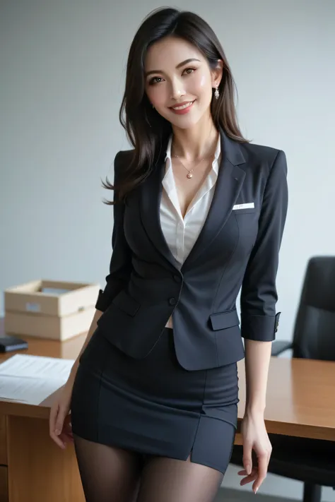 score_9, score_8_up, score_7_up, Ultra-realistic DSLR photo, 16K resolution, Japanese woman in her 30s, Standing in front of executive office desk, Smiling and elegant and confident pose, Leaning slightly back with hands behind back, Standing with legs...