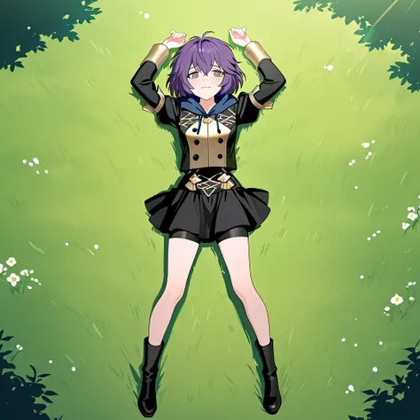 fbndta, purple hair, messy hair, hair between eyes, grey eyes, black jacket, blue hood, hood down, black buttons, black skirt, shorts under skirt, anime screencap, high quality, solo, lying, on back, from above, arms up, legs apart, closed mouth, on grass,...