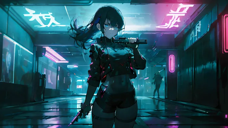 A young female protagonist standing in a dark urban street at night, neon lights reflecting on wet asphalt. Short dark hair with subtle highlights, piercing blue eyes filled with determination, slightly furrowed brows showing tension and focus. Her face is...
