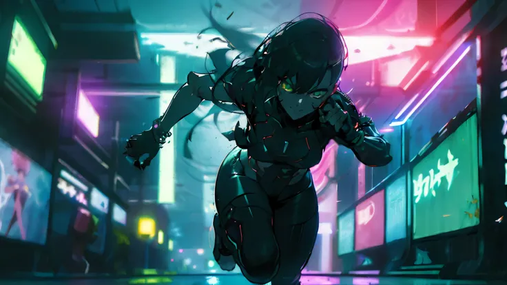 A young female protagonist running through neon-lit futuristic city streets at night. Short dark hair flowing backward from motion, glowing green eyes filled with determination and excitement, slight smile showing confidence. Face turned slightly toward vi...