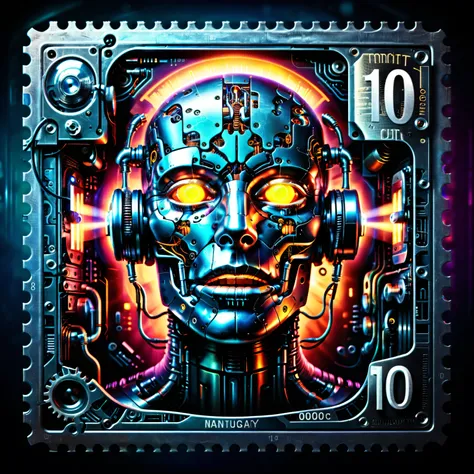 Dark Fantasy postage stamp style. A robotic being, metallic being, detailed facial features, icon style, iconic character, dynamic pose, metallic body, glowing eyes, futuristic machinery, dramatic presence, industrial background, advanced technology, int...
