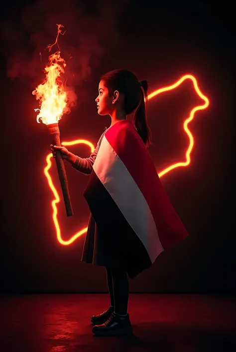 
Professional poster design, size A4 (1080x1350), celebrating Yemen's 26th of September. 
A small school girl  5 years child wrapped in the Yemeni flag red, white, black , holding a glowing torch, standing in front of a neon-outlined map of Yemen. 
Dark dr...