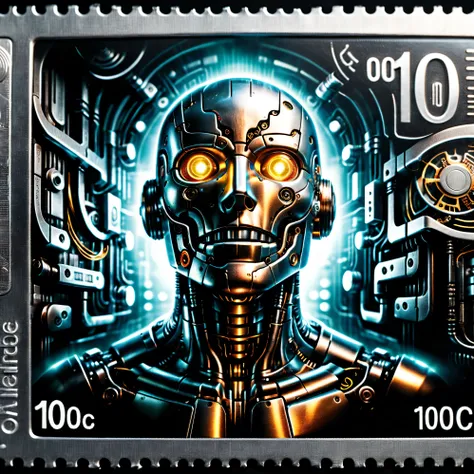 Dark postage stamp style. A Metallic being reaching out, transforming into a complex intricate robotic entity, ultra-realistic, photorealistic, cinematic photography, detailed facial features, icon style, iconic character, dynamic pose, metallic body,...