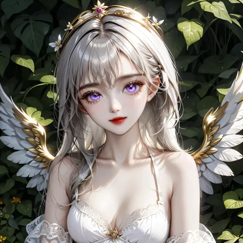 ((Top quality, 8K, best quality, masterpiece, ultra realistic)), ((Beautiful angel with odd eyes)), ((Heterochromia, golden eyes, silver eyes)), ((Sparkling and detailed eyes)), (Very precise eyes), (Long hair with a mixture of platinum and purple), Prince...
