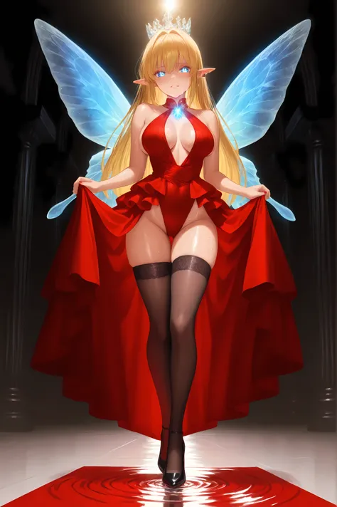 masterpiece, best quality, 1 palm-sized fairy, 16yo appearance, curvaceous build, porcelain skin with subtle glow, visible sweat bead on body, piercing glowing blue eyes with snake-like pupils, straight long golden hair, apathetic expression, short crimson...