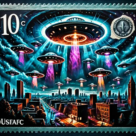 Dark Fantasy postage stamp style.  UFOs flying above a modern city, disk-shaped, colored lights, people on the ground pointing up, 8K, HDR, ultra-detailed, physically-based rendering, professional, vibrant colors, dramatic lighting, 3D Rendering, realistic...