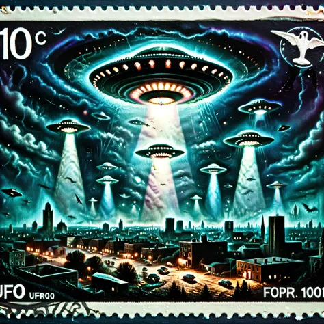 Dark Fantasy postage stamp style. UFOs flying above a mourning city, disk shaped, colored lights, people on the ground pointing up, 8K, HDR, ultra-detailed, physically-based rendering, professional, vibrant colors, dramatic lighting, 3D Rendering, realist...