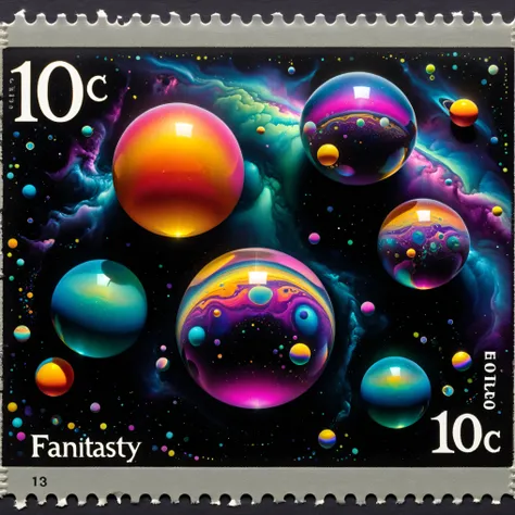 Dark fantasy postage stamp style, A 3D enhanced collection of vibrant, colorful spheres floats in a dark, infinite space, reminiscent of a cosmic scene. The spheres vary in size, with the largest occupying the central focus, its surface reflecting a spectr...