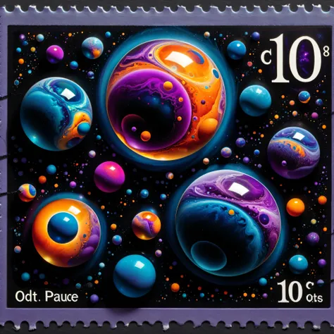Dark fantasy postage stamp style, A mesmerizing collection of vibrant, colorful spheres floats in a dark, infinite space, reminiscent of a cosmic scene. The spheres vary in size, with the largest occupying the central focus, its surface reflecting a spectr...