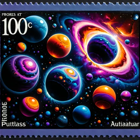 Dark fantasy postage stamp style, A collection of vibrant, colorful spheres floats in a dark, infinite space, reminiscent of a cosmic scene. The spheres vary in size, with the largest occupying the central focus, its surface reflecting a spectrum of vivid...
