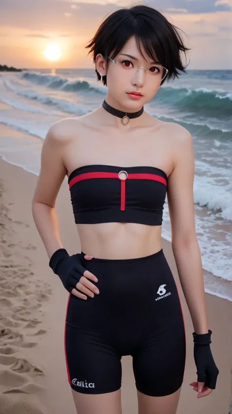 Masterpiece, best quality, 8k, ultra high resolution, photorealistic, cinematic composition,1girl, solo,sarada uchiha,red eyes,red eyes, black hair,(very short hair:1.5),outdoors,potrait,small breast,nature, wear glasses,close up,earings,bare shoulders, lo...