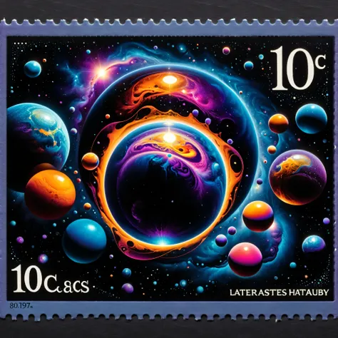 Dark fantasy postage stamp style, A collection of vibrant, colorful spheres floats in a dark, infinite space, reminiscent of a cosmic scene. The spheres vary in size, with the largest occupying the central focus, its surface reflecting a spectrum of vivid...