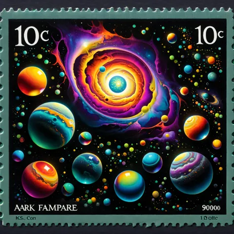 Dark fantasy postage stamp style, An incredible collection of vibrant, colorful spheres floats in a dark, infinite space, reminiscent of a cosmic scene. The spheres vary in size, with the largest occupying the central focus, its surface reflecting a spectr...