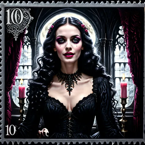 Dark postage stamp style. An ultra attractive gothic woman, hypersenual pose, moody atmosphere, gothic/victorian style dress, black and hot pink, ultra-realistic,photo-realistic,ultra-detailed, physically-based rendering, detailed portrait of a beautiful g...