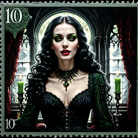 Dark postage stamp style. An ultra attractive gothic woman, hypersenual pose, moody atmosphere, gothic/victorian style dress, black and neon green, ultra-realistic,photo-realistic,ultra-detailed, physically-based rendering, detailed portrait of a beautiful...