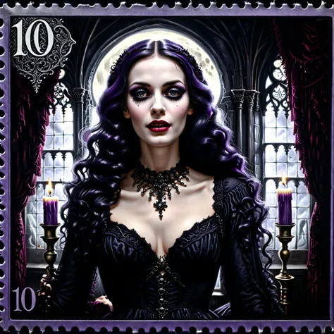 Dark postage stamp style. An ultra attractive gothic woman, hypersenual pose, moody atmosphere, gothic/victorian style dress, black and violet, ultra-realistic,photo-realistic,ultra-detailed, physically-based rendering, detailed portrait of a beautiful got...
