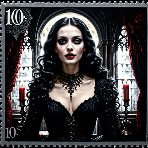 Dark postage stamp style. Ultra attractive gothic woman, hypersenual pose, moody atmosphere, gothic/victorian style dress, black and scarlet, ultra-realistic,photo-realistic,ultra-detailed, physically-based rendering, detailed portrait of a beautiful gothi...