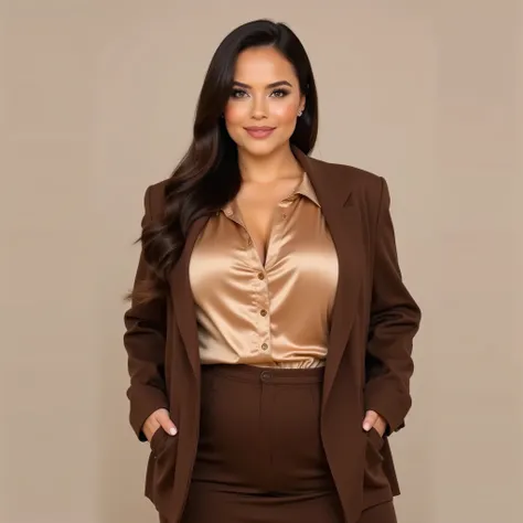 A realistic, high resolution photograph of a beautiful European woman in her 30's; full body frontal view facing the camera with her arms at her sides looking at the camera. There is extra space in the photo above her head. She has a curvy, hourglass, fash...