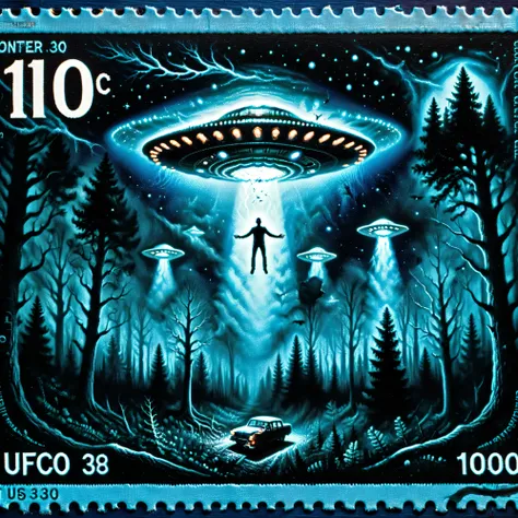 Dark Fantasy postage stamp style. UFOs flying above a man at night in a secluded wooded area, it blasts him in blue light and lifts him off his feet towards the craft, Travis Walton inspired event, 8K, HDR, ultra-detailed, physically-based rendering, pro...