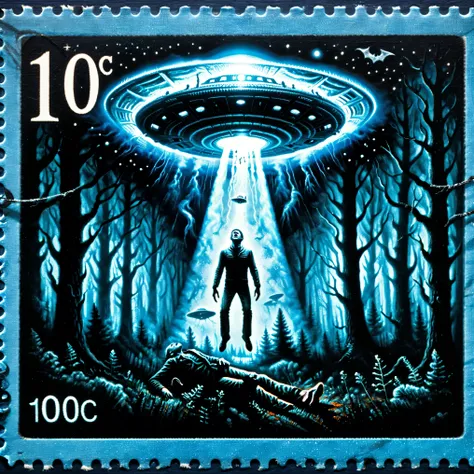 Dark Fantasy postage stamp style. A UFO flying above a man at night in a secluded wooded area, it blasts him in blue light and lifts him off his feet towards the craft, Travis Walton inspired event, 8K, HDR, ultra-detailed, physically-based rendering, p...