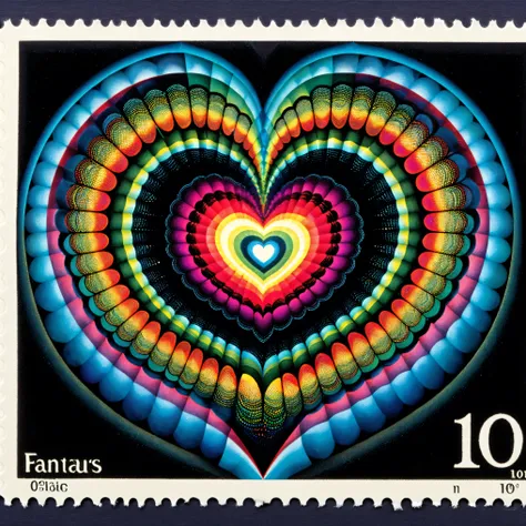 Dark Fantasy postage stamp style, a striking image showcasing a heart-shaped void as the central focal point, surrounded by a vivid spectrum of colors radiating outward in a dazzling fan-like pattern. The heart itself is a deep black, creating a stark cont...