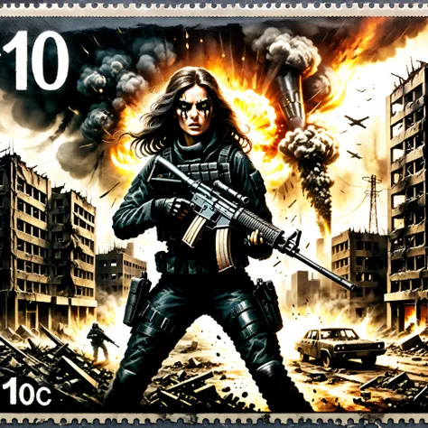 Dark postage stamp style, postage stamp of an ultra attractive woman with very long wavy dark hair, heavy black eye makeup up and wearing an all black SWAT type outfit is engaged in an urban warfare nightmare. The enormous automatic assault rifle she has ...