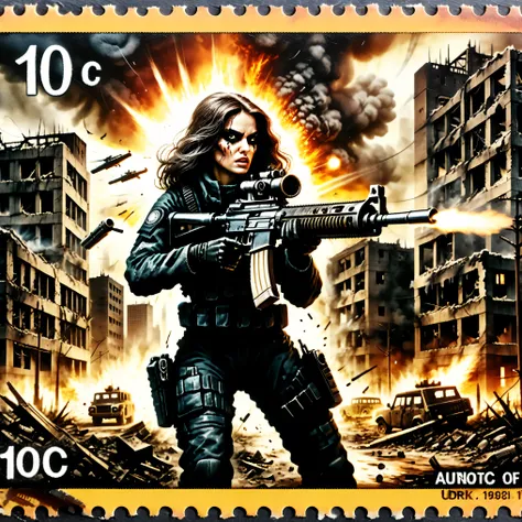 Dark postage stamp style, postage stamp of an ultra attractive woman with very long wavy dark hair, heavy black eye makeup up and wearing an all black SWAT type outfit is engaged in an urban warfare nightmare. The enormous automatic assault rifle she has ...
