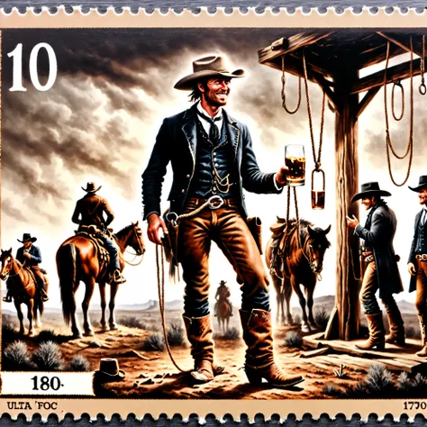Dark postage stamp style, The Old West, 1780, Dirty-faced cowboys on horseback drink whiskey and watch a hanging. The hanging man is suspended several feet in the air with a hangman's noose around his neck that is secured to a makeshift hangman's post. Th...