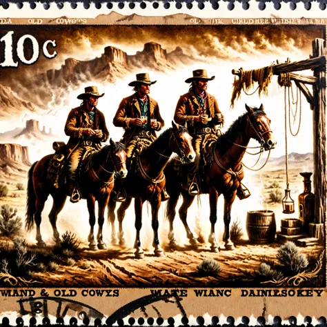 Dark postage stamp style, The Old West, 1780, Dirty-faced cowboys on horseback drink whiskey and watch a hanging. Ultra-realistic, photo-realistic, ultra-detailed, physically-based rendering, 8k, UHDR, hyperrealistic, cinematic photography, cinematography...