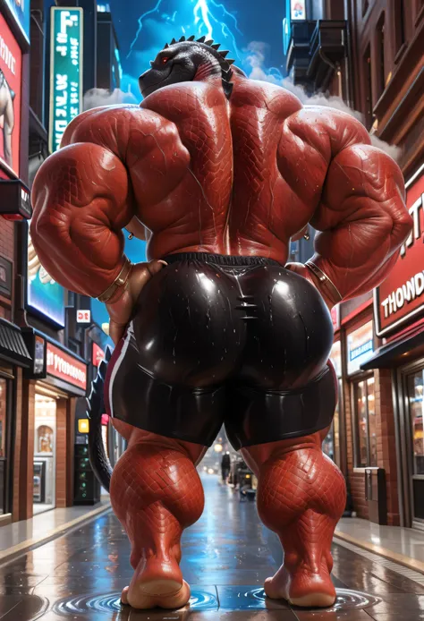 (((by 00b00b43, by Thunder))), (((Huge Adult Male muscular bara Reptile Anthro Thunder Komodo Dragon, Thunder from Fortnite, Fortnite Thunder))), (((Photorealistic Red Sclera:1.5))), (((Solo:2))), (((Position(facing away, showing his back, both hands are o...