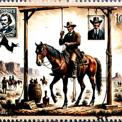 Dark postage stamp style, The Old West, 1780, Dirty-faced cowboys on horseback drink whiskey and watch a hanging. The hanging man is suspended several feet in the air with a hangman's noose around his neck that is secured to a makeshift hangman's post. Th...