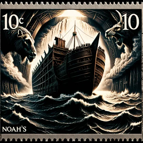 Dark postage stamp style, Noah's arc. The three story ship that Noah built with God's instruction. Show the ship and all of the animals lined up from a vanishing point, being led onto the ship by a ramp. Ultra-realistic, photo-realistic, ultra-detailed, ph...