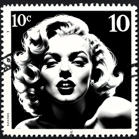 Dark fantasy postage stamp, black and white, Marilyn Monroe, iconic character style, hypersensual, provocative, close up of her gorgeous face, beautiful, blonde hair, classic vintage photo, ultra-realistic, photorealistic, cinematography, ultra-detailed, ...