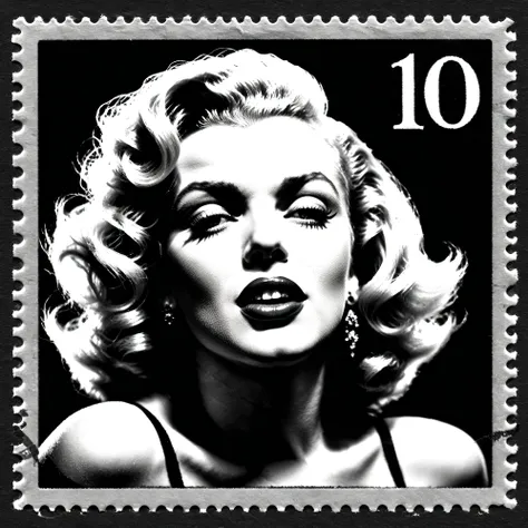 Dark fantasy postage stamp, black and white, Marilyn Monroe, iconic character style, hypersensual, provocative, close up of her gorgeous face, beautiful, blonde hair, classic vintage photo, ultra-realistic, photorealistic, cinematography, ultra-detailed, ...