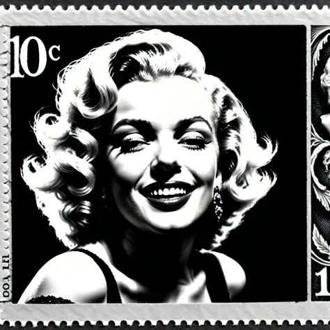 Dark fantasy postage stamp, black and white, Marilyn Monroe, iconic character style, hypersensual, provocative, close up of her face, smiling, beautiful, blonde hair, beauty mole, classic vintage photo, ultra-realistic, photorealistic, cinematography, ult...