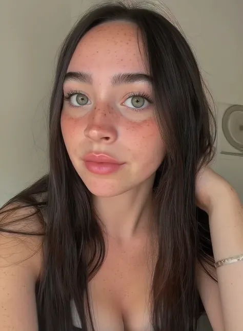 Very young sexy (brunette) Girl 18-20 years old , shooting in a fashion photo shoot and looking at the camera, long lashes, seductive lips, oval face shape, style perfect face, Perfect hands with five fingers , perfect nose, big breasts, hard breasts, fil...