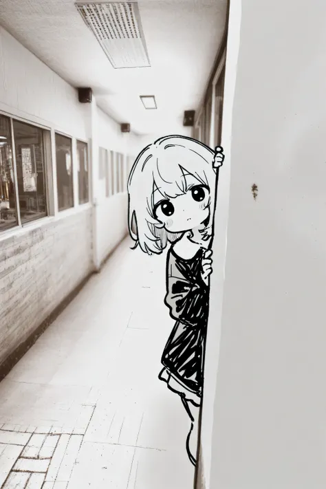 monochrome anime-style girl peeking from behind a wall, only half of her body visible, shy expression, wide eyes looking toward the viewer, hands lightly gripping the edge of the wall, slightly tilted head, soft smile or curious gaze, short hair slightly t...