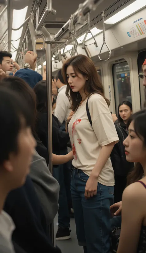 The atmosphere is crowded and crowded with passengers in the carriages of the Japanese subway, the passengers stand sideways in unison while holding the handle hanger above. In the middle of the passenger standing there is a beautiful woman about 50 years ...