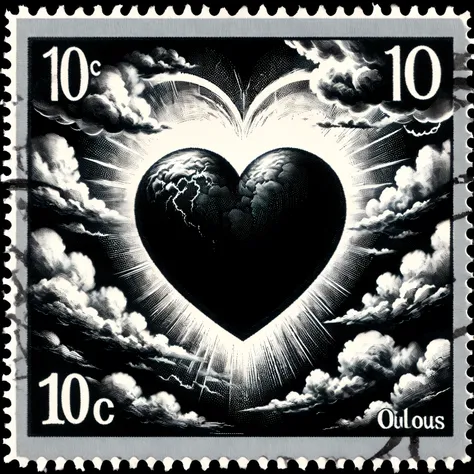 Dark postage stamp style. A black and white stamp of a heart in mid air is caught up and being enveloped by the clouds. Ultra-realistic
