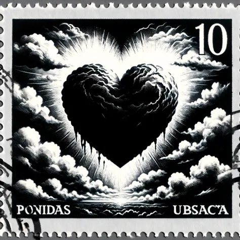 Dark postage stamp style. A black and white stamp of a heart in mid air is caught up and being enveloped by the clouds. Ultra-realistic