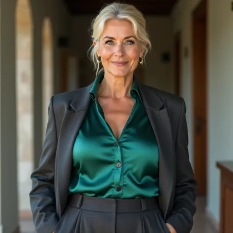 A realistic, high resolution photograph of a tall, beautiful European woman in her 50''s; full body frontal view facing the camera with her arms at her sides looking at the camera. There is extra space in the photo above her head. She has a tall, hourglass...