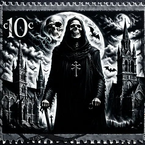 Dark fantasy postage stamp style, black and white, The Grim Reaper. Ultra-realistic, photo-realistic, cinematic, dark moody lighting, gothic cathedral background, dark clouds, dramatic shadows, fine details, photorealistic, 8K, ultra-detailed, professional...