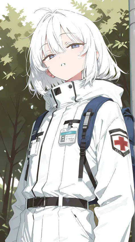 Anime man with short straight and messy hair, Soft grow white hair color, grow blue eyes color with white sparking, Wearing long white scientist suit with name tag, belt with high-tech medic accesories and small backpack, calm face, full-body scale picture...
