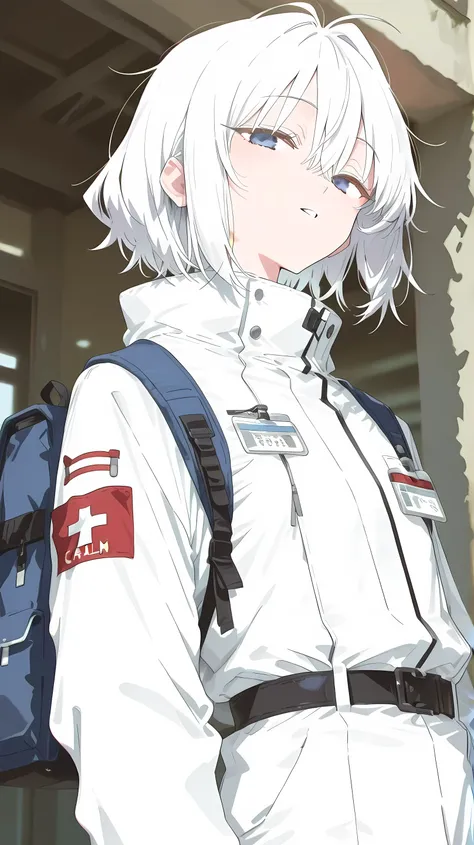 Anime man with short straight and messy hair, Soft grow white hair color, grow blue eyes color with white sparking, Wearing long white scientist suit with name tag, belt with high-tech medic accesories and small backpack, calm face, full-body scale picture...