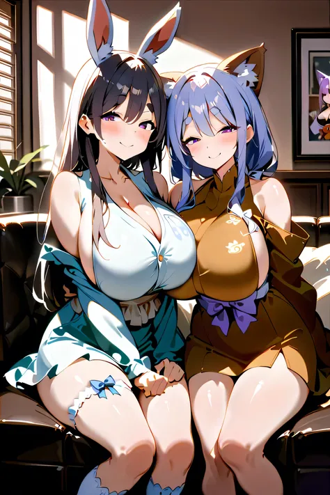score_9_up,score_8_up,score_7_up,score_6_up,score_5_up,score_4_up,(((2 girl))),(((1 nekomata:1.5))),(((1 pekomama:1.5))),(((milf))),thick eyebrows, droopy eyes,(((mature female))),(((open eyes))),big breasts, bare shoulders,japanese clothes,kimono,short ki...