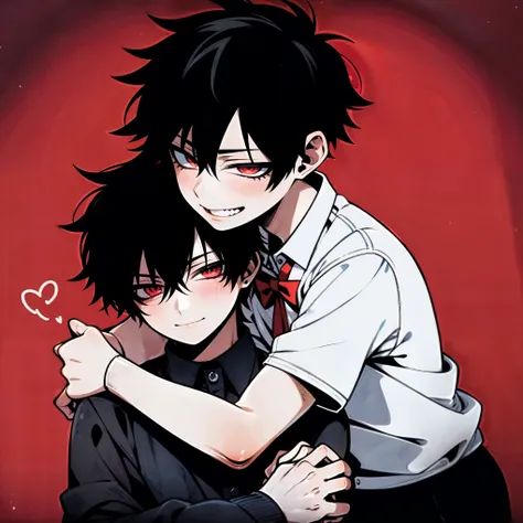 (Masterpiece), (best quality), ((super-detailed)), 2 boys, 15-years-old, handsome, gay, ((yaoi)), eye contact, hugging, heart, romantic style, school uniform, watch, school, holding each other's hands, affectionate touching, BREAK (boy1: red eyes, black ha...